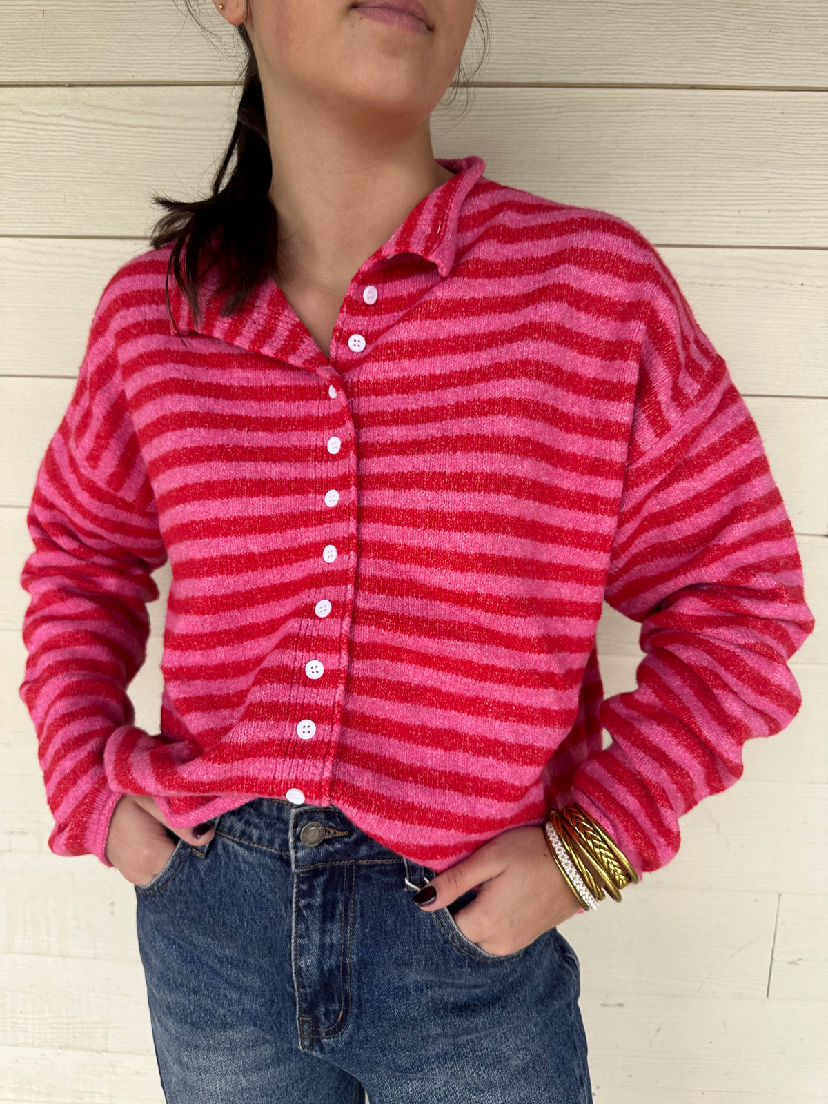 Pull veste marinière rose fushia
