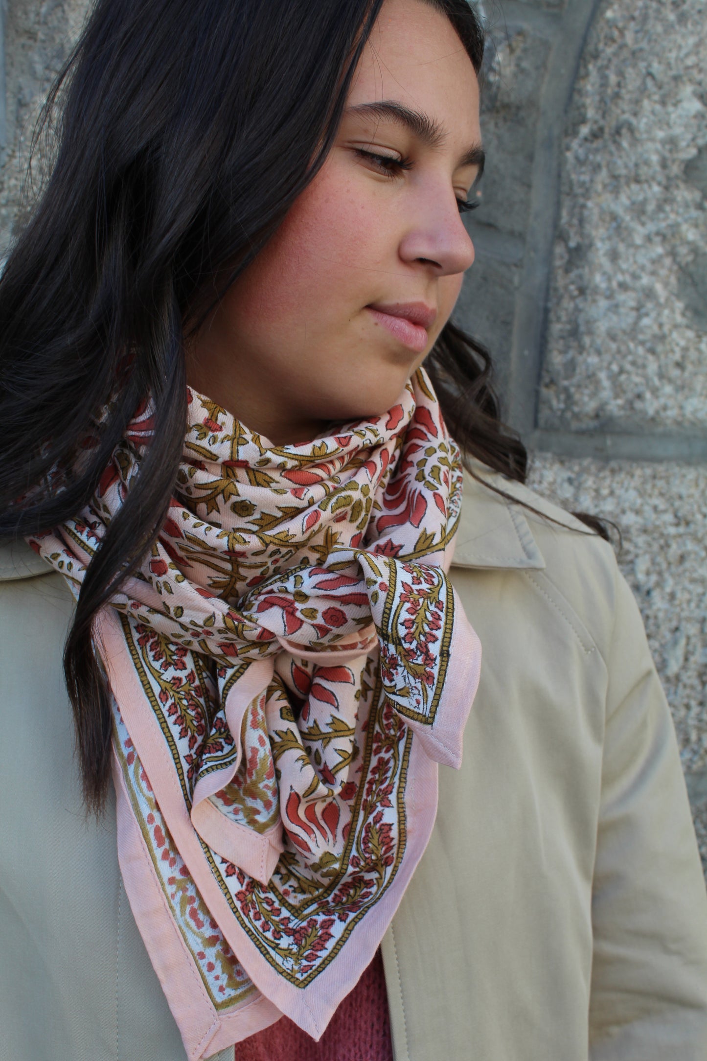 Foulard indien (grand format) ♡ Palmyre rose poudré