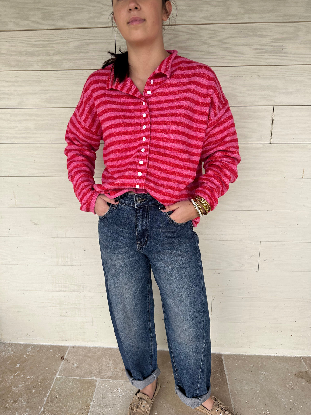 Pull veste marinière rose fushia