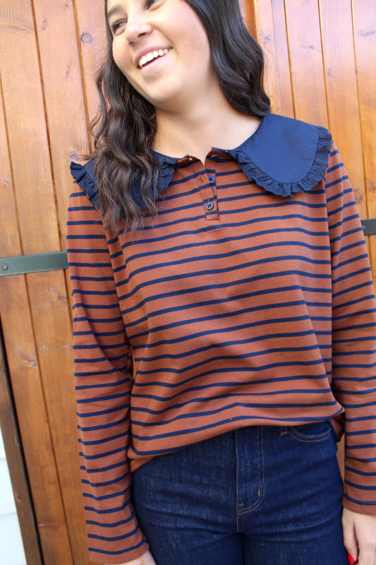 T-shirt manches longues rayé choco/marine ♡